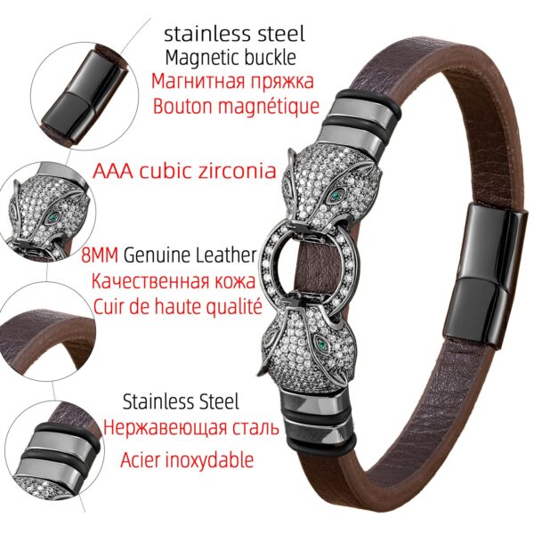 Panthère Double Headed Cubic Zirconia and Genuine Leather Bracelet 2