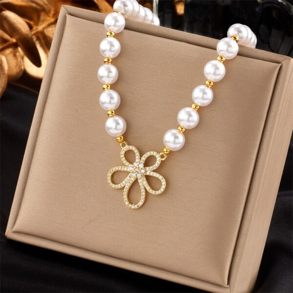 Stainless Steel Cutout Rhinestone Flower Pendant Necklace Charm