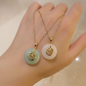 Chinese Character Blessing Lucky Round Charm Necklace