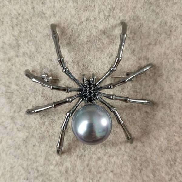 Large Faux Pearl Spider Brooch - Black and White