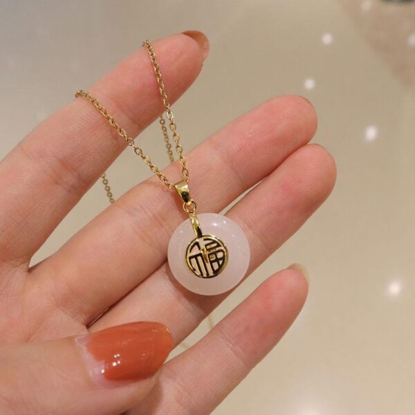 Chinese Character Blessing Lucky Round Charm Necklace PINK