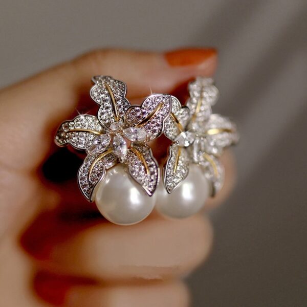 Imitation Pearl Flower Earrings Women Sparkling CZ Stone Jewelry 2