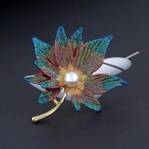 Crystal Maple Leaf Brooch Pin With Faux Pearl