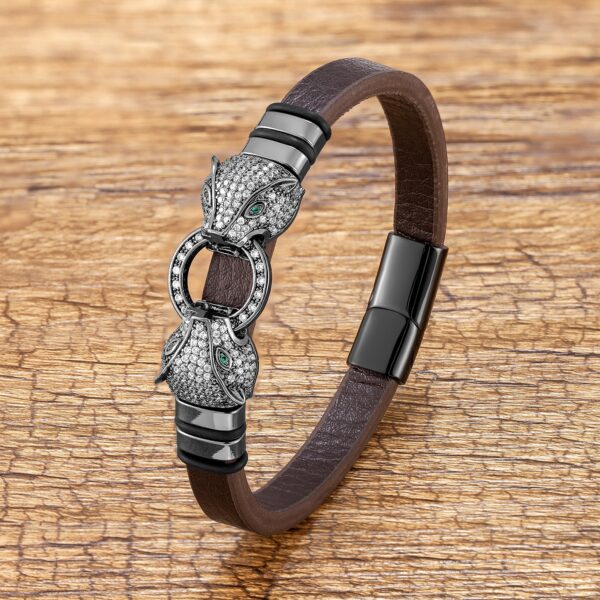 Black Panthère Double Headed Cubic Zirconia and Genuine Leather Bracelet