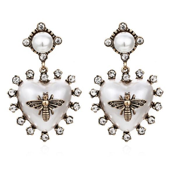 Heart Shaped Pearl Bee and Diamond Women Earrings