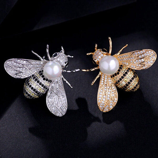 Gold Little Bee Crystal Pearl Brooch Jewelry 6
