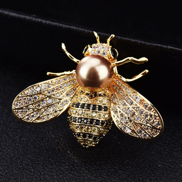 Gold Little Bee Crystal Pearl Brooch Jewelry