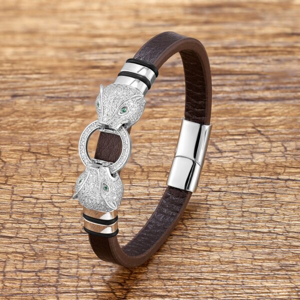 Silver Panthère Double Headed Cubic Zirconia and Genuine Leather Bracelet