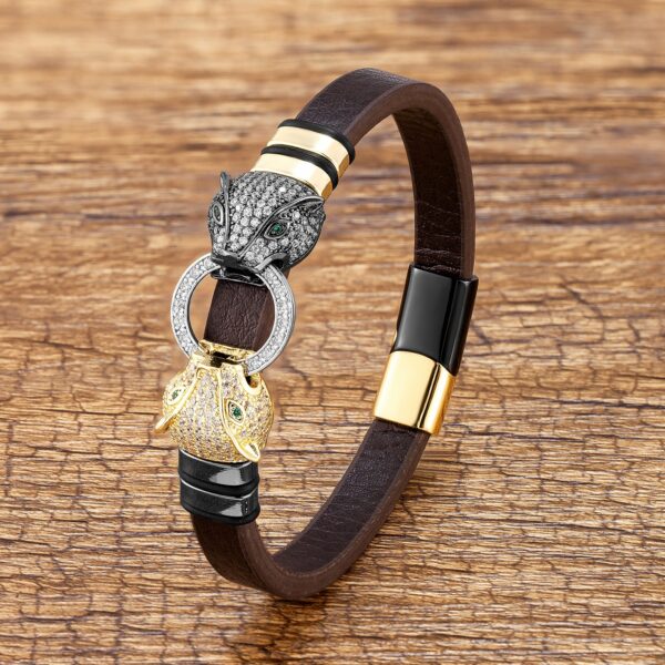 Gold Black Panthère Double Headed Cubic Zirconia and Genuine Leather Bracelet
