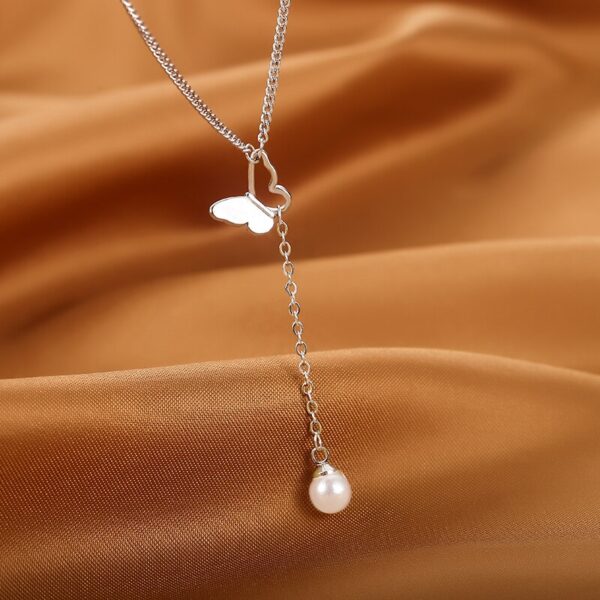 925 Sterling Silver Butterfly Chain Necklace With Tassel Pearl Pendant 2