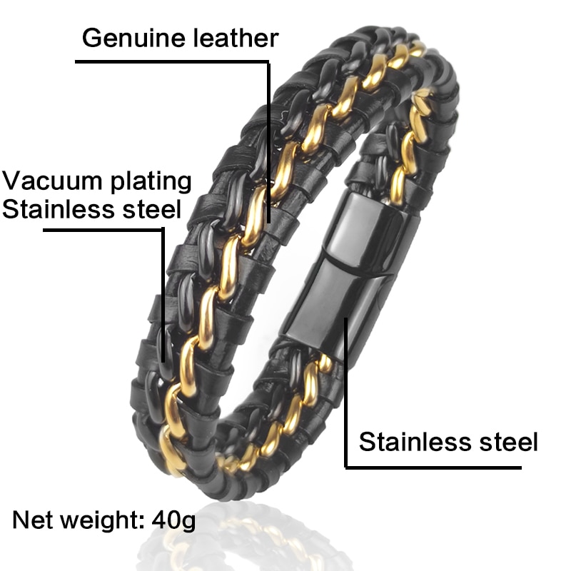 Men's Genuine Leather Link Chain Bracelet 2