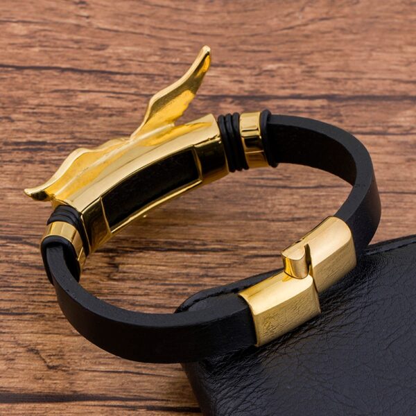 Men's Black Leather Bracelet with Golden Eagle Charm 12