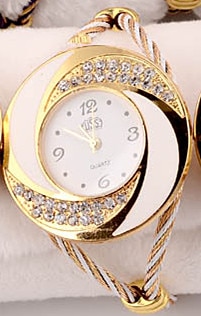 Gold Round Dial Crystal Quartz Women Bracelet Watch