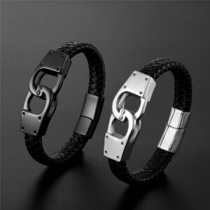 Men's Simple Stainless Steel Leather Handcuff Bracelet