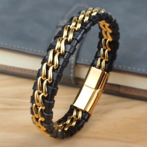 Men's Genuine Leather Link Chain Bracelet