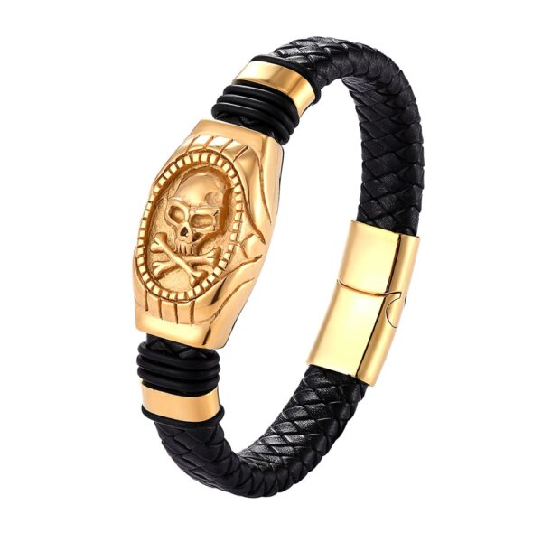 Men’s Leather Bracelet With Stainless Steel Skeleton Charm 2