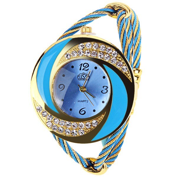 Blue Round Dial Crystal Quartz Women Bracelet Watch