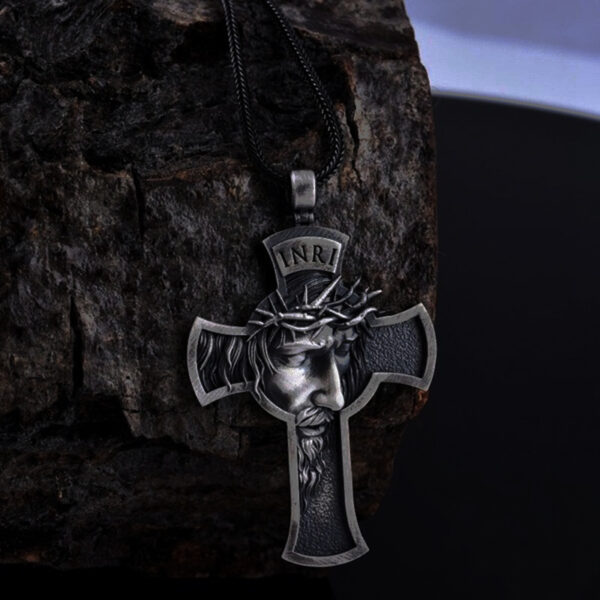 Silver Jesus Christ Face Crucifix Cross Pendant Necklace