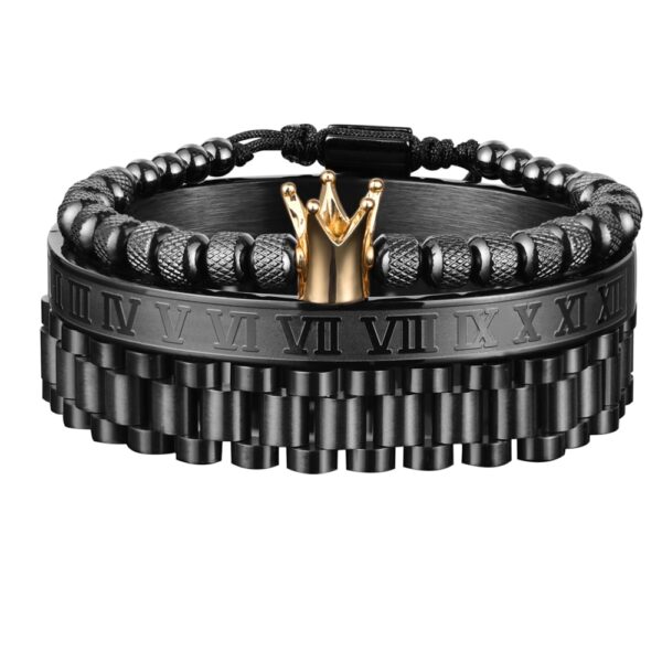 Black Gold Watch Band Charm Crown Roman Bracelet Set