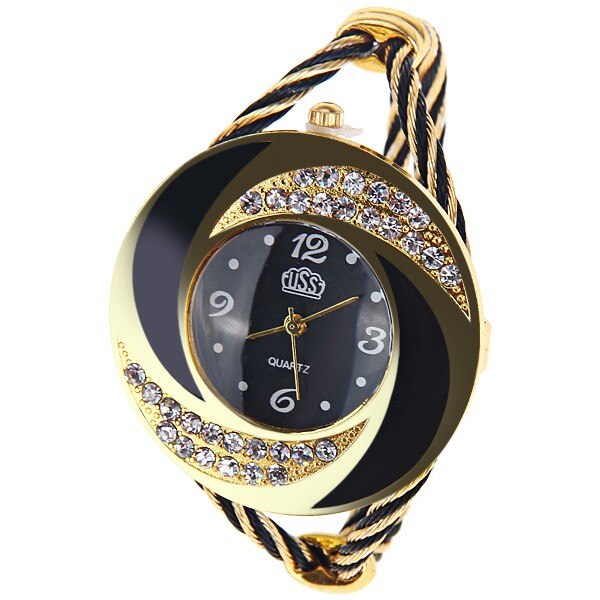Black Round Dial Crystal Quartz Women Bracelet Watch