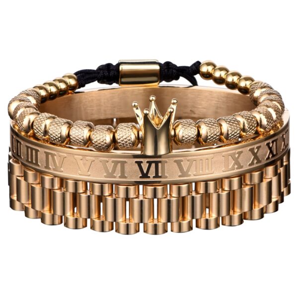 Gold Watch Band Charm Crown Roman Bracelet Set