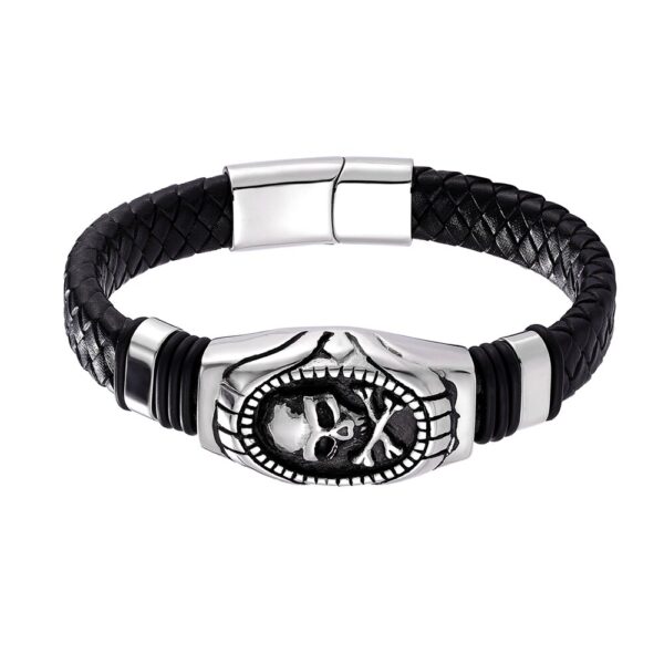 Men’s Leather Bracelet With Stainless Steel Skeleton Charm 6