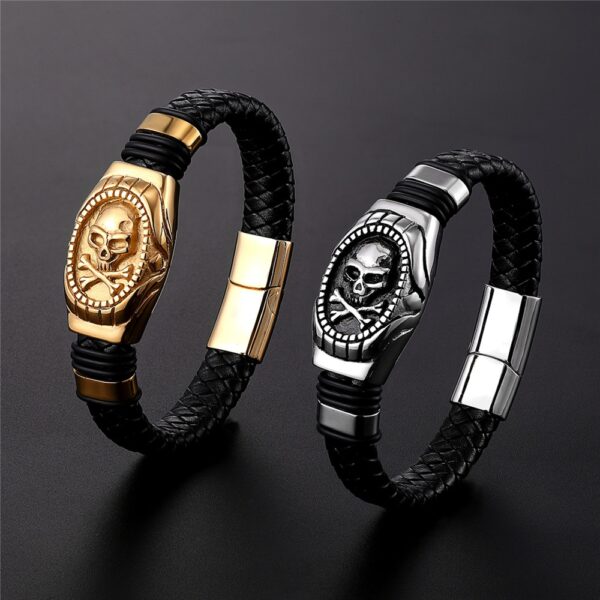 Men’s Leather Bracelet With Stainless Steel Skeleton Charm