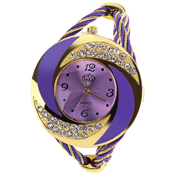 Purple Round Dial Crystal Quartz Women Bracelet Watch