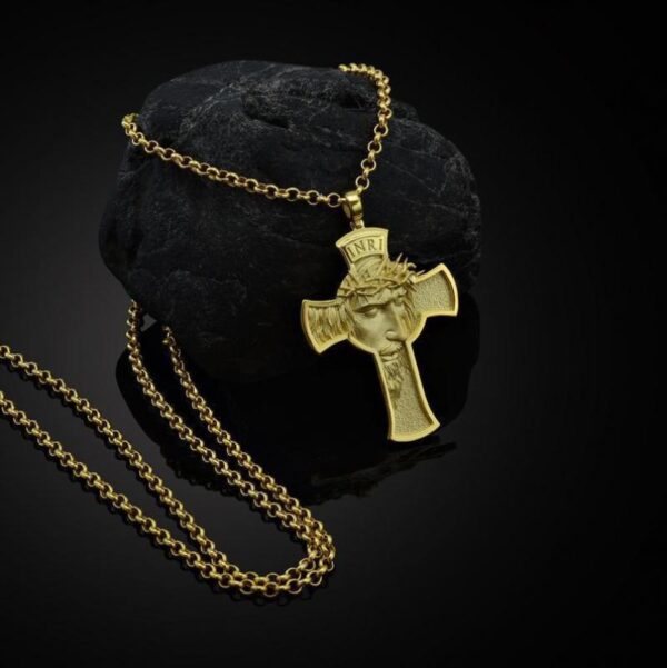 Gold Jesus Christ Face Crucifix Cross Pendant Necklace