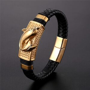 Men's Black Braided Leather Dolphin Bracelet