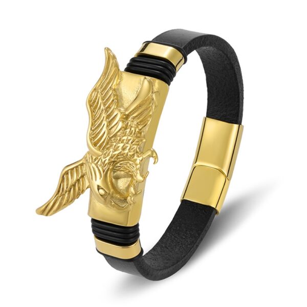 Men's Black Leather Bracelet with Golden Eagle Charm 1
