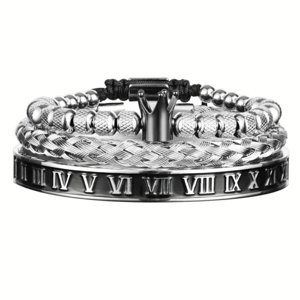Silver Black Roman Royal Crown Charm Bracelet Set