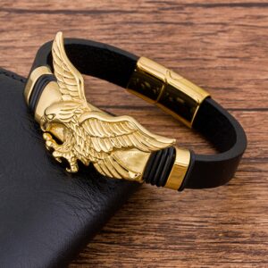 Men's Black Leather Bracelet with Golden Eagle Charm