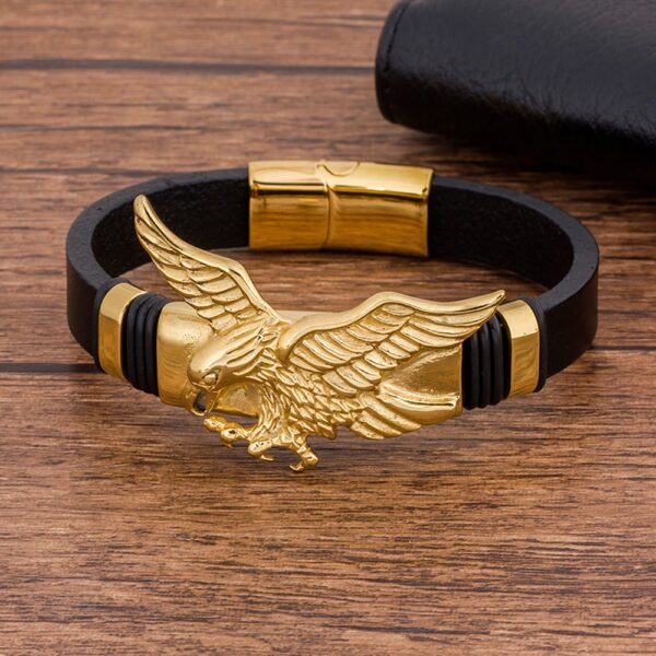 Men's Black Leather Bracelet with Golden Eagle Charm 11
