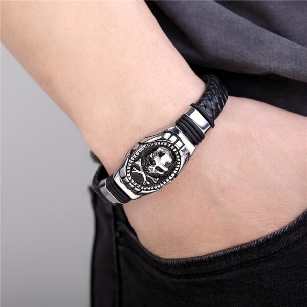Men’s Leather Bracelet With Stainless Steel Skeleton Charm 4