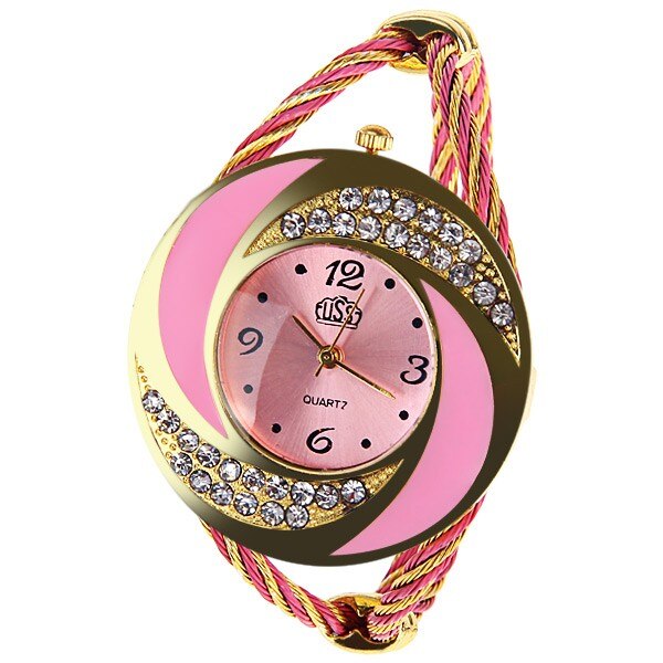 Pink Rose Round Dial Crystal Quartz Women Bracelet Watch