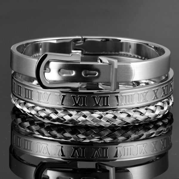 Silver Belt Buckle Bangle Cuff Bracelet Set