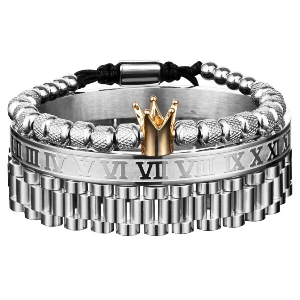 Silver Gold Watch Band Charm Crown Roman Bracelet Set