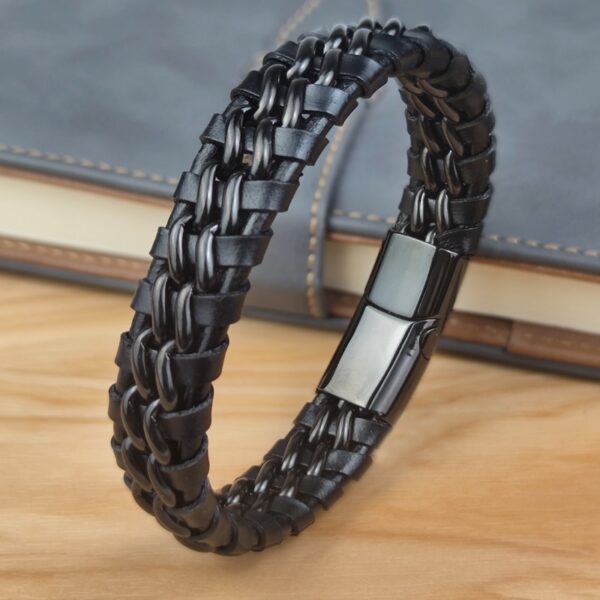 Men's Genuine Leather Link Chain Bracelet 5