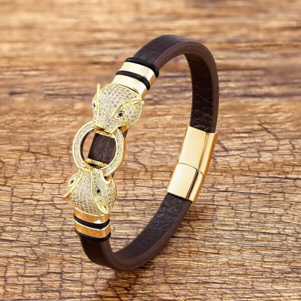 Gold Panthère Double Headed Cubic Zirconia and Genuine Leather Bracelets