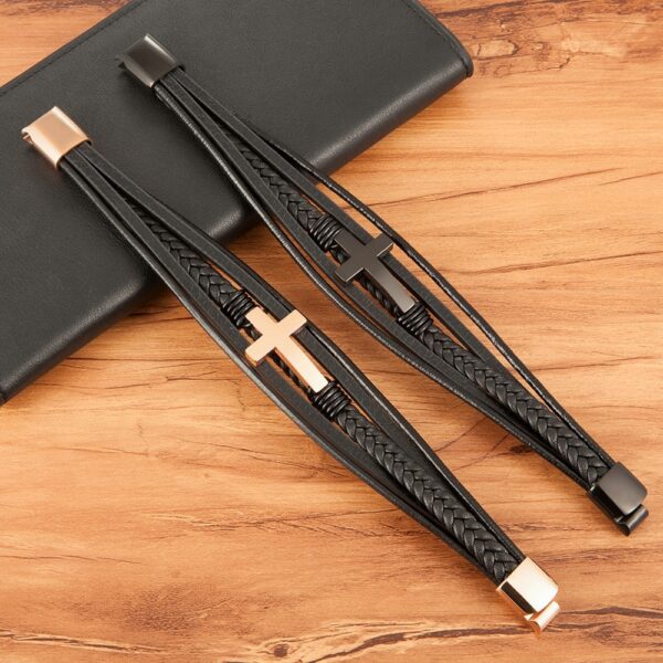 Multilayer Genuine Leather Bracelet for Men with Stainless Steel Cross 2