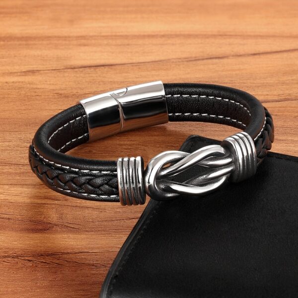 Mens Irregular Stainless Steel Genuine Leather Bracelet 3