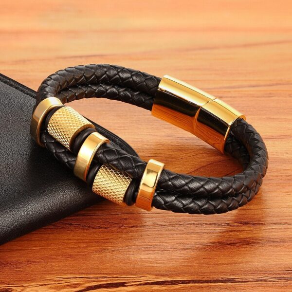 Mens Irregular Gold Shape Stainless Steel Leather Bracelet 3