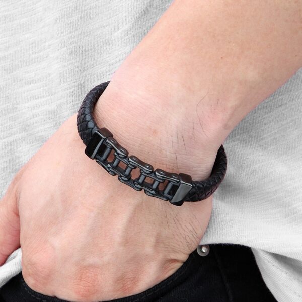 Mens Stainless Steel Leather Bracelet with Bicycle Chain 2