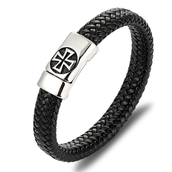 Genuine Leather Bracelet Black Cross Stainless Steel For Men 5