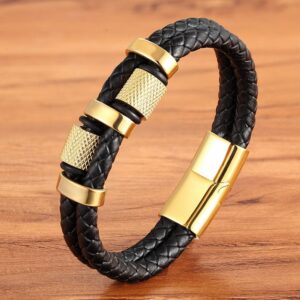 Mens Irregular Gold Shape Stainless Steel Leather Bracelet