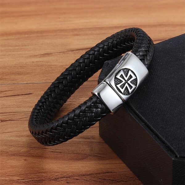 Genuine Leather Bracelet Black Cross Stainless Steel For Men 4