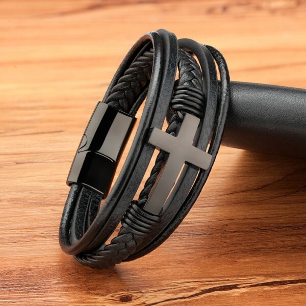 Multilayer Genuine Leather Bracelet for Men with Stainless Steel Cross 3