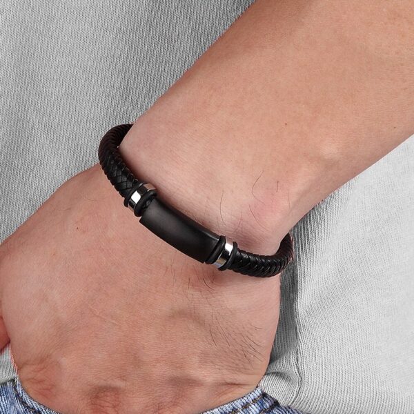 Woven Genuine Leather Stainless Steel Bracelet For Men 2