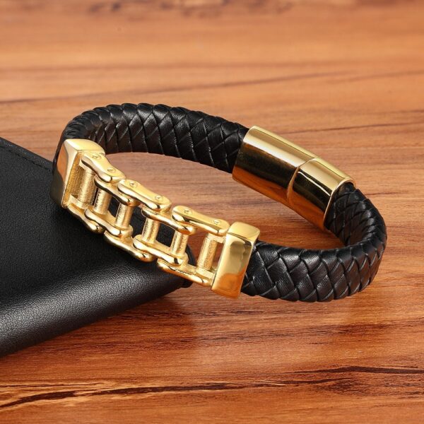 Mens Stainless Steel Leather Bracelet with Bicycle Chain 1